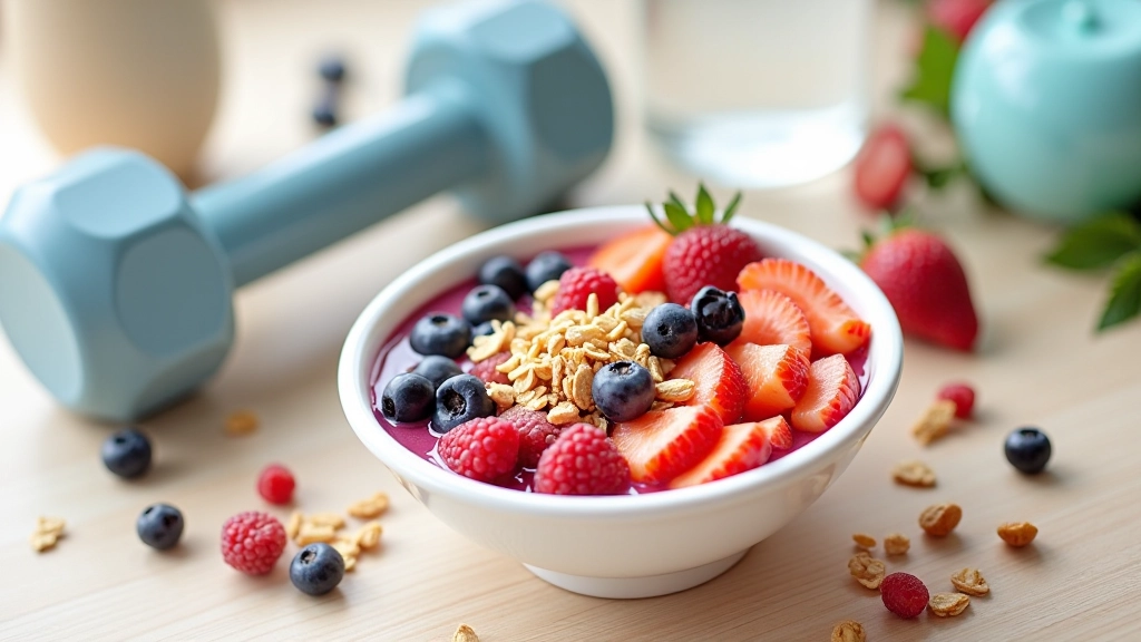 Smoothie bowl with granola, berries, and coconut next to dumbbells and water bottle