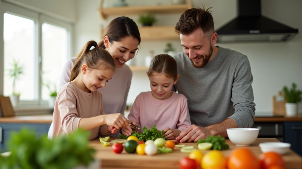 Family preparing dinner together in modern kitchen, chopping vegetables and smiling