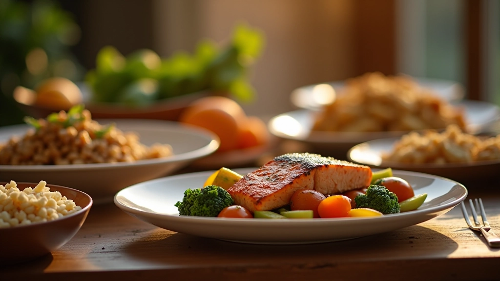Family seated at dinner table with roasted vegetables, grilled salmon, and brown rice plates