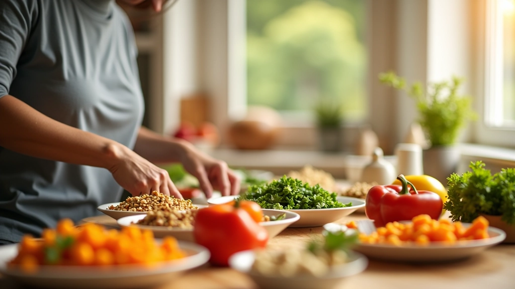 Family meal prep with fresh vegetables and proteins on kitchen counter