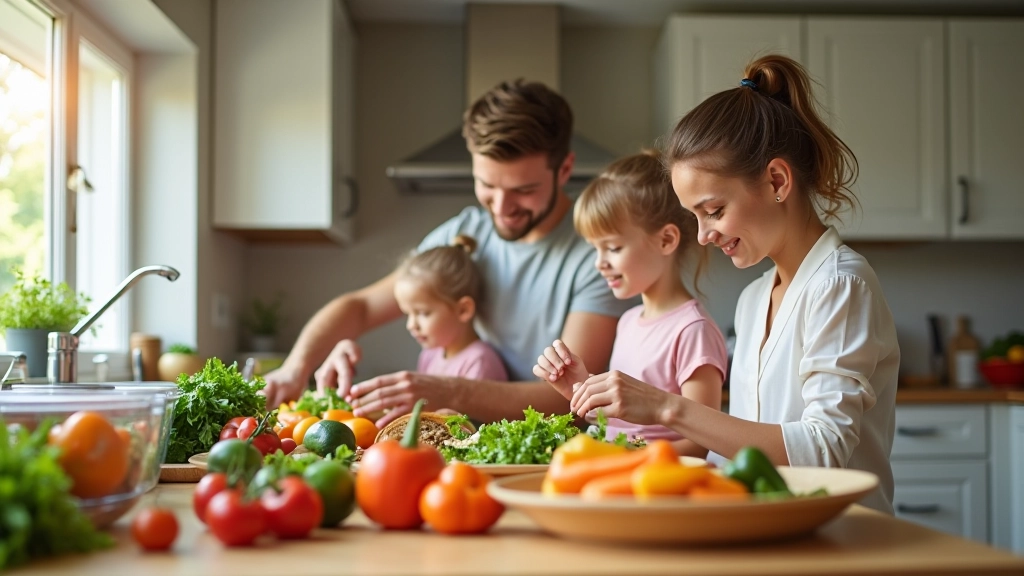 Family preparing healthy meals together in bright kitchen with fresh ingredients and meal prep containers