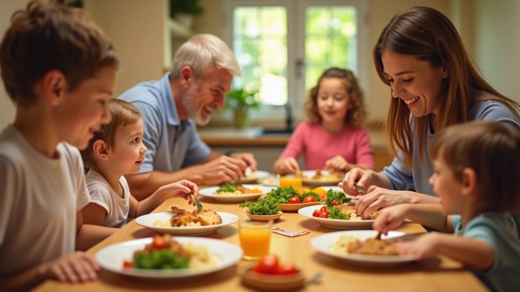 Family eating healthy meal together at dinner table