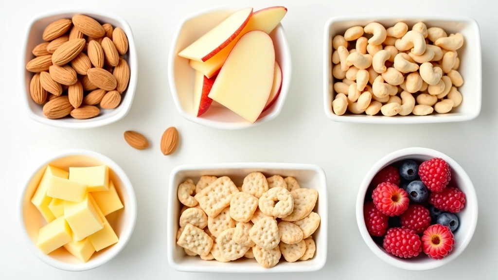 Assortment of healthy snacks including nuts, cheese, crackers, dried fruit, and fresh fruit arranged in small containers