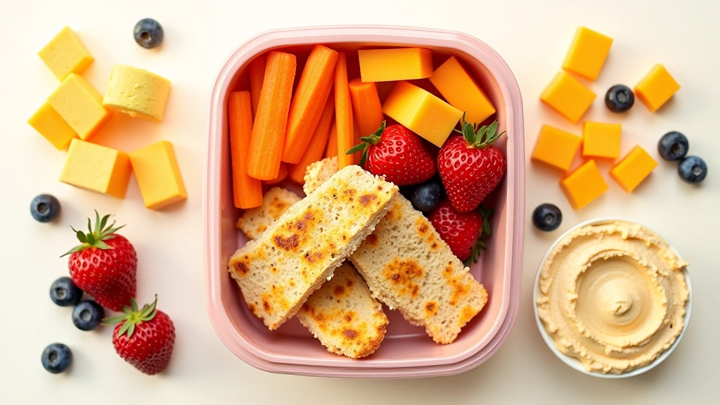 Variety of colorful lunch box components including proteins, fruits, vegetables, and whole grain breads