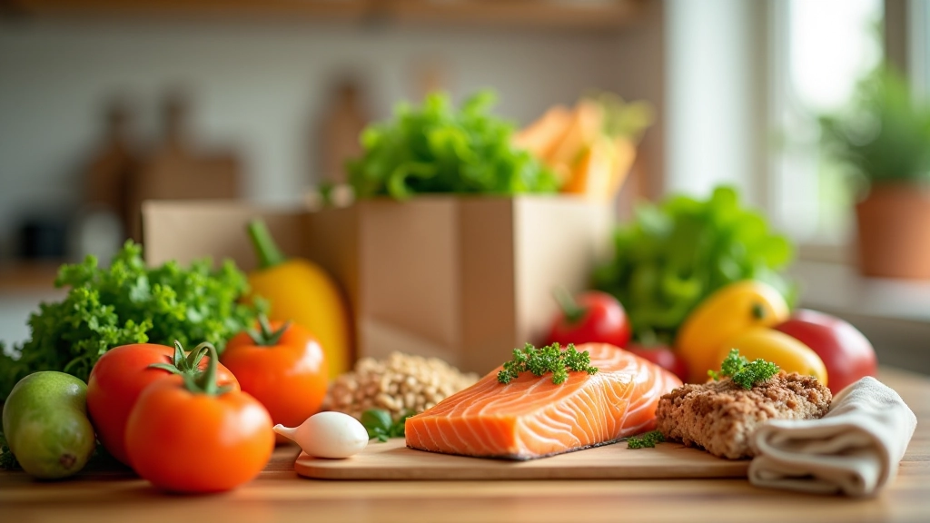 Shopping bags filled with fresh salmon, vegetables, lean meats, and pantry staples for weekly meal planning