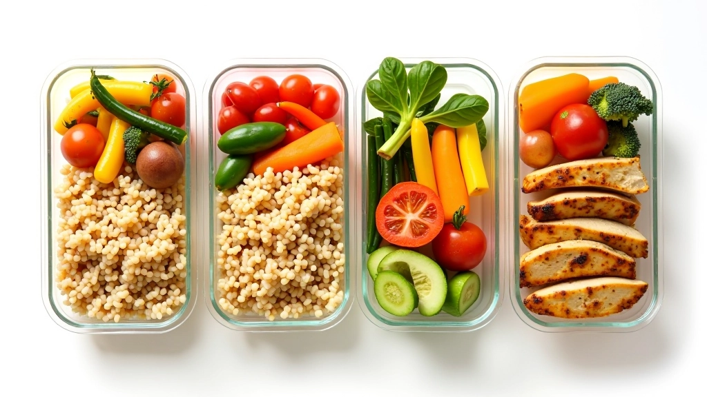 Organized meal prep containers with variety of prepared healthy foods, balanced portions of proteins vegetables and grains