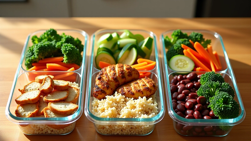 Colorful meal prep containers with prepared vegetables, proteins, and grains arranged on kitchen counter