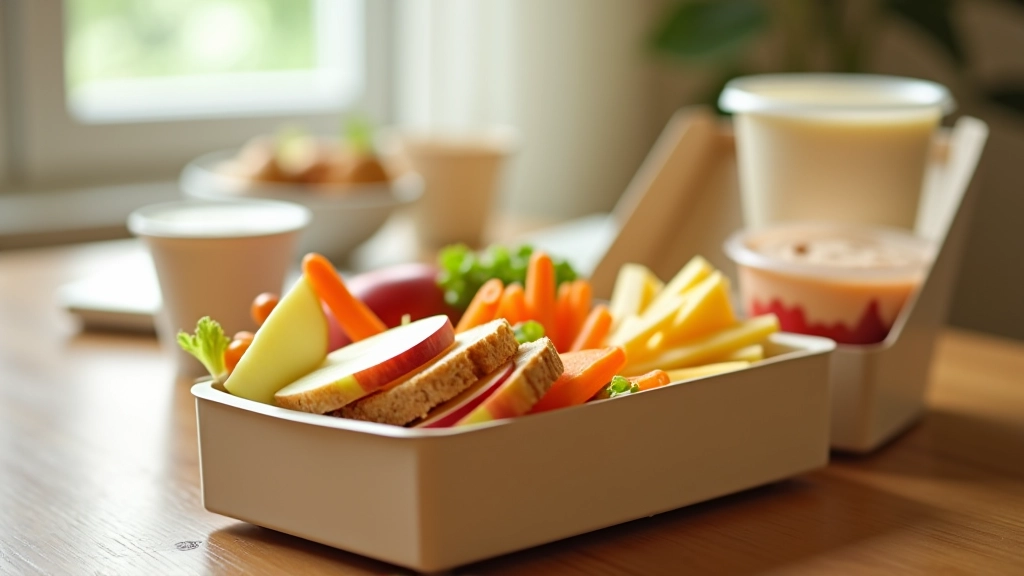 Child's lunch box with sandwich, fruit, vegetables, and yogurt arranged neatly inside