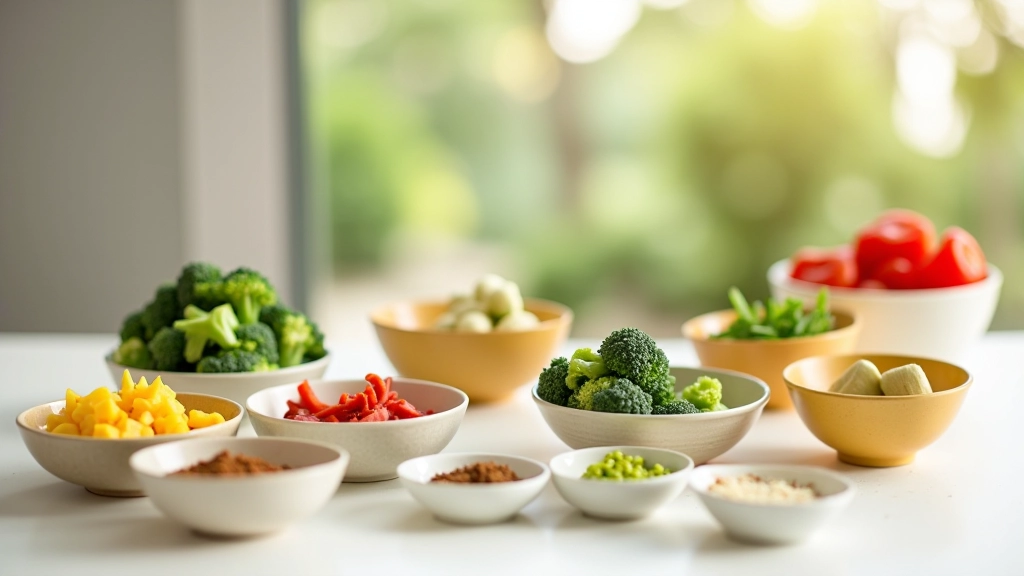 Organized kitchen counter with prepped ingredients in bowls and containers, chopped vegetables arranged ready to cook