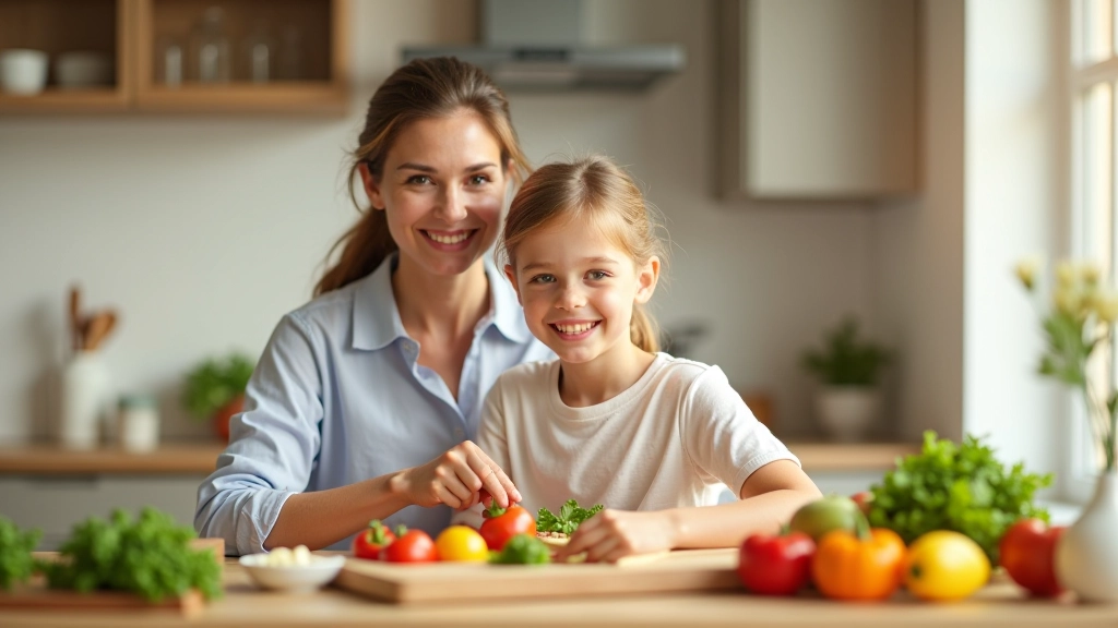 Parent and child preparing lunch together in bright kitchen with fresh ingredients on counter
