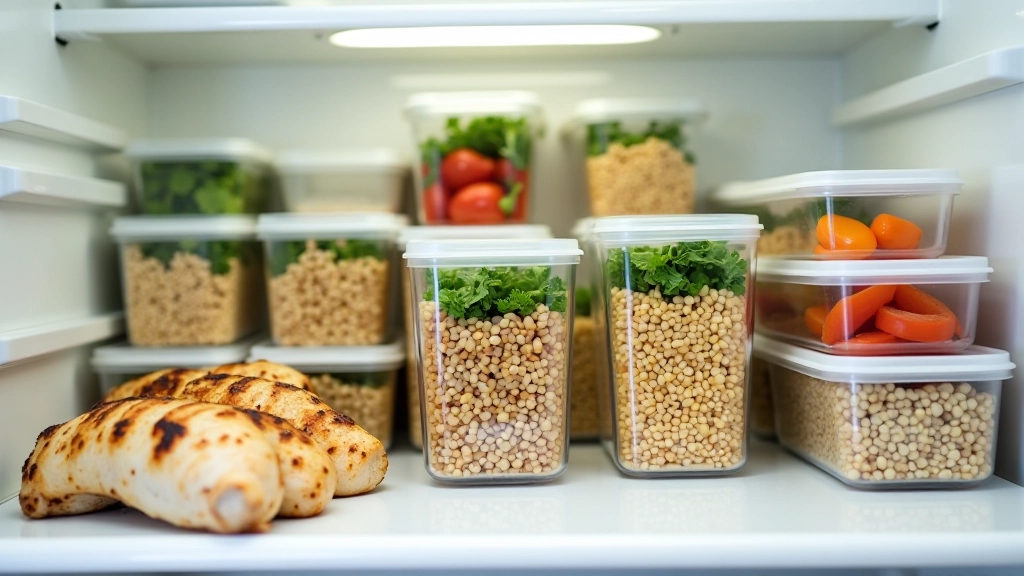 Organized refrigerator shelf with meal prep containers showing prepped ingredients like grilled chicken, vegetables, and grains ready for lunch assembly