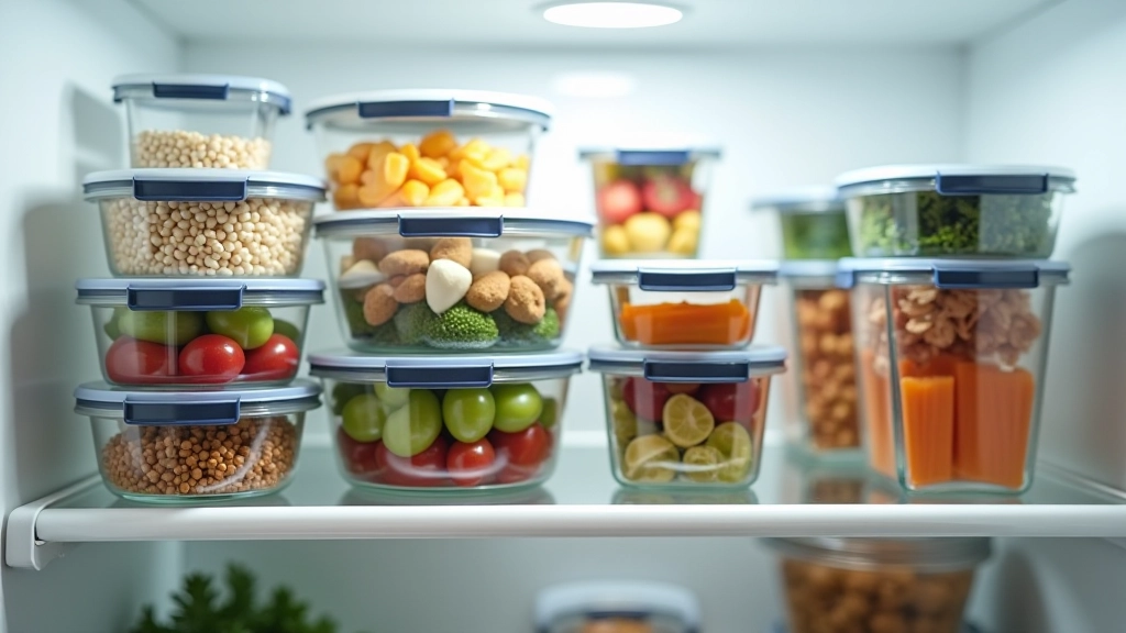 Refrigerator shelf organized with labeled glass containers of meal prep components arranged by type and date