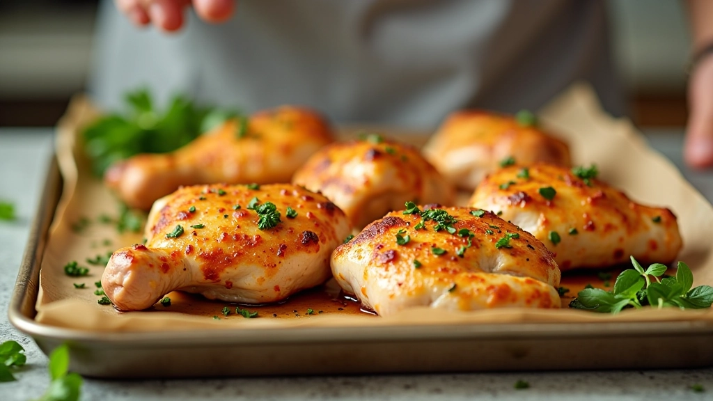 Cooked chicken thighs and ground turkey cooling on sheet pan with fresh herbs and lemon for meal prep storage