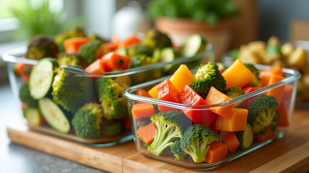 Colorful roasted vegetables including broccoli, bell peppers, carrots, and zucchini in glass storage containers ready for week