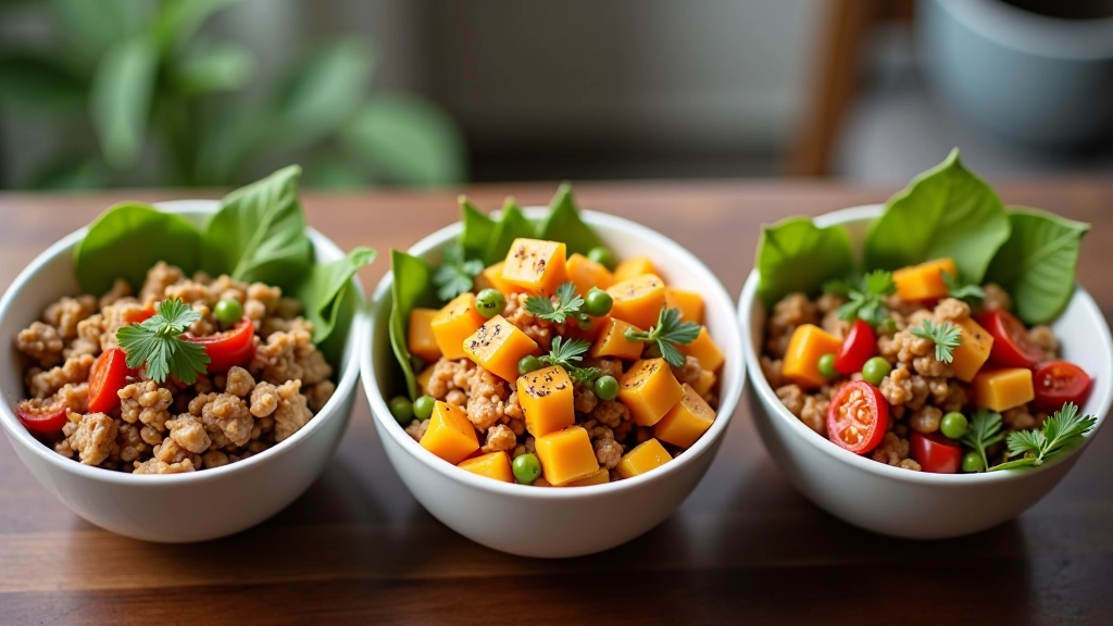 Family meal bowls showing different combinations of proteins, vegetables, and grains assembled from prepped components